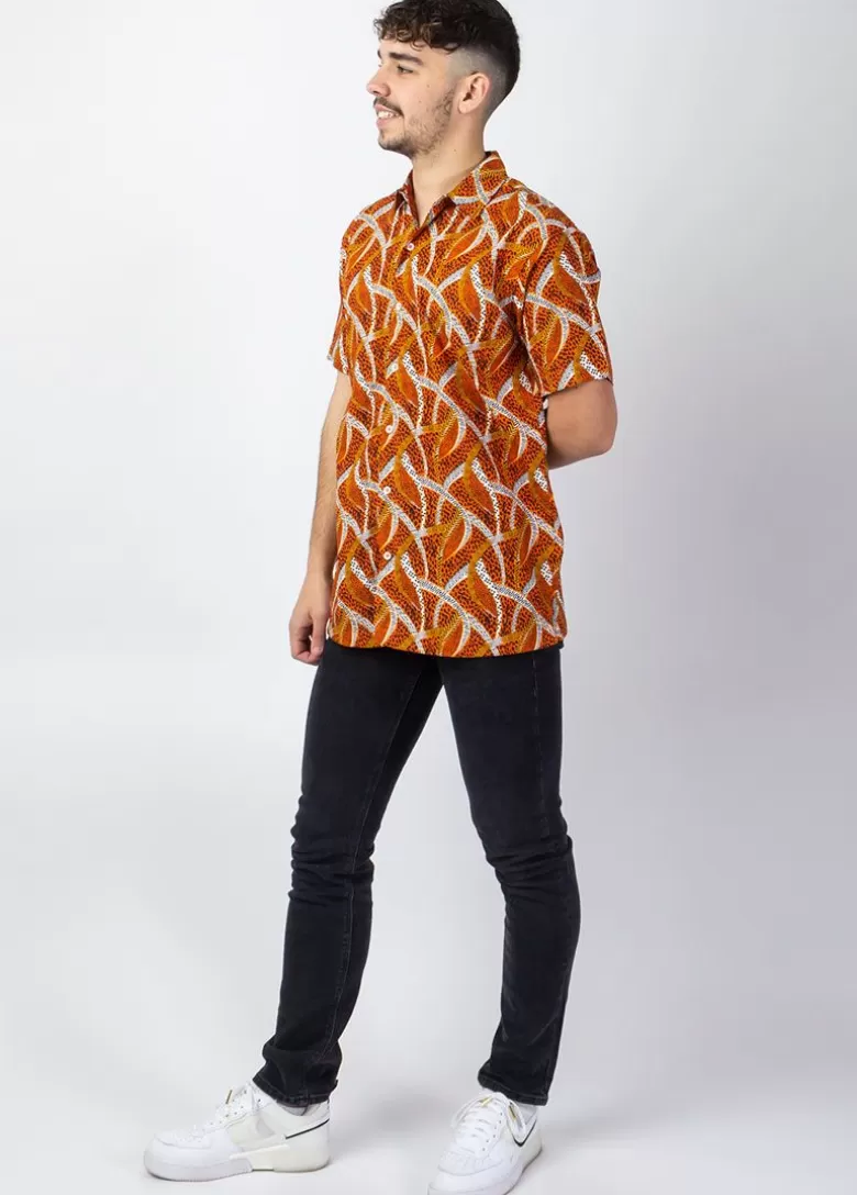 Chemises*Coton Du Monde Chemise homme manches courtes LORENZO imprimé ethnique orange Savane Orange