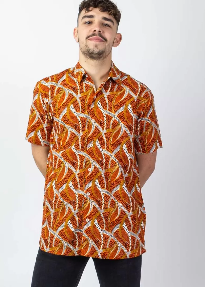 Chemises*Coton Du Monde Chemise homme manches courtes LORENZO imprimé ethnique orange Savane Orange