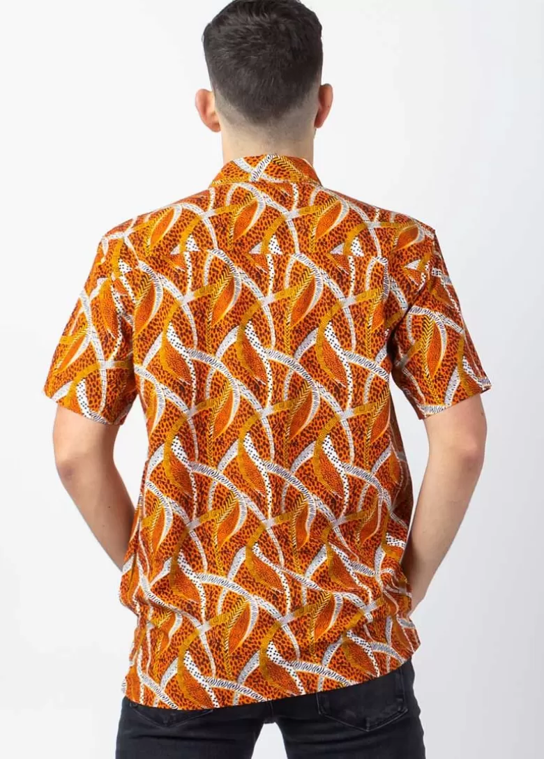 Chemises*Coton Du Monde Chemise homme manches courtes LORENZO imprimé ethnique orange Savane Orange