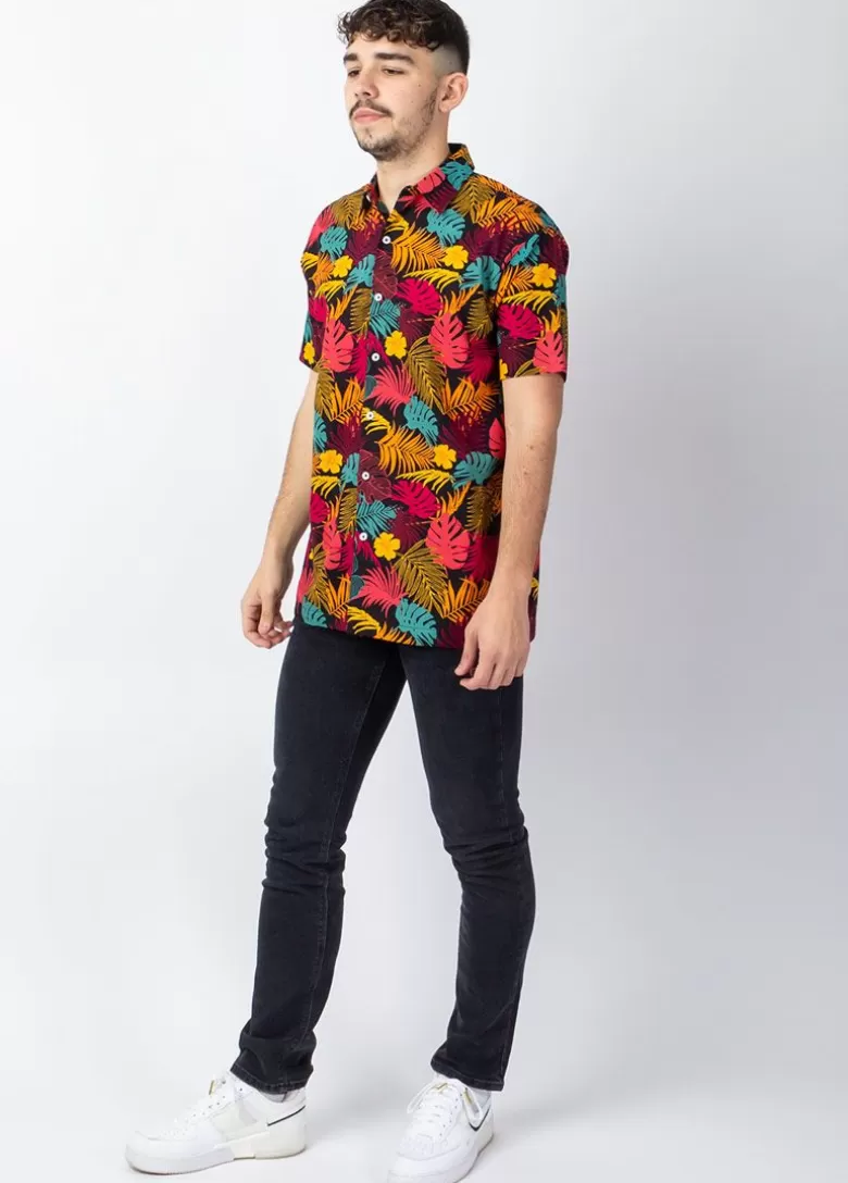 Chemises*Coton Du Monde Chemise homme manches courtes LORENZO imprimé tropical orange Palme Orange