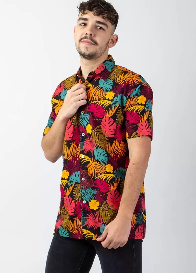 Chemises*Coton Du Monde Chemise homme manches courtes LORENZO imprimé tropical orange Palme Orange