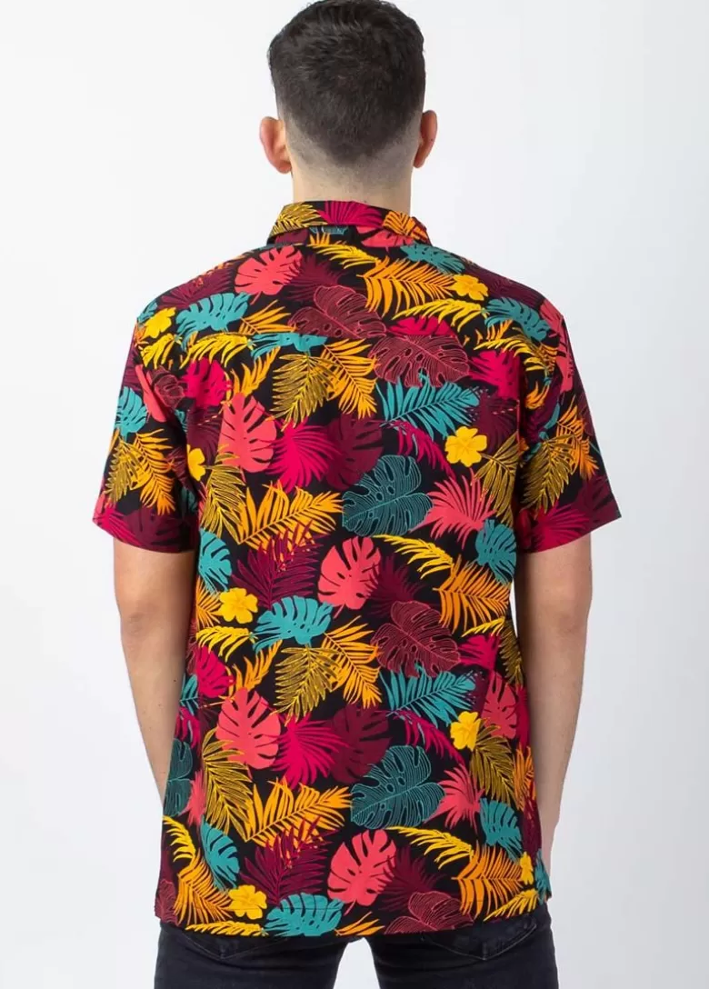 Chemises*Coton Du Monde Chemise homme manches courtes LORENZO imprimé tropical orange Palme Orange
