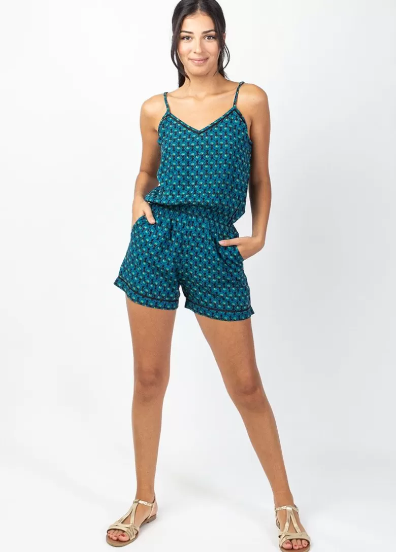 Combinaisons*Coton Du Monde Combi Short fluide taille élastiquée ROMY bleu Albizia Bleu