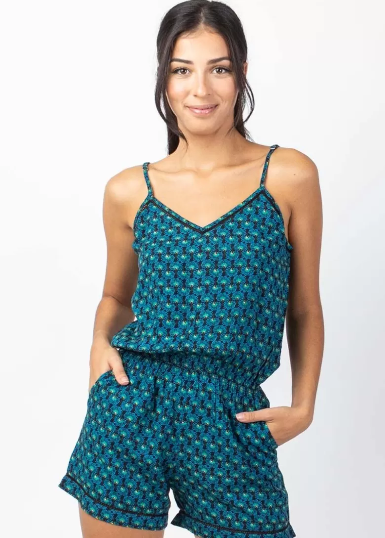 Combinaisons*Coton Du Monde Combi Short fluide taille élastiquée ROMY bleu Albizia Bleu