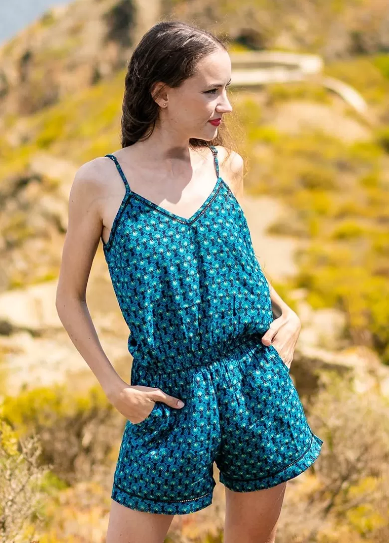 Combinaisons*Coton Du Monde Combi Short fluide taille élastiquée ROMY bleu Albizia Bleu