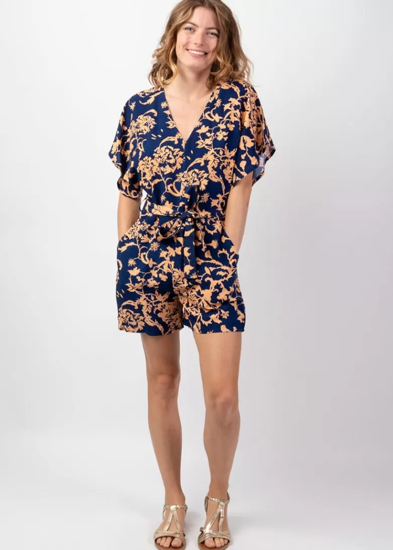 Combinaisons*Coton Du Monde Combishort femme plage fluide Abby bleu motif ethnique chic Palua Bleu