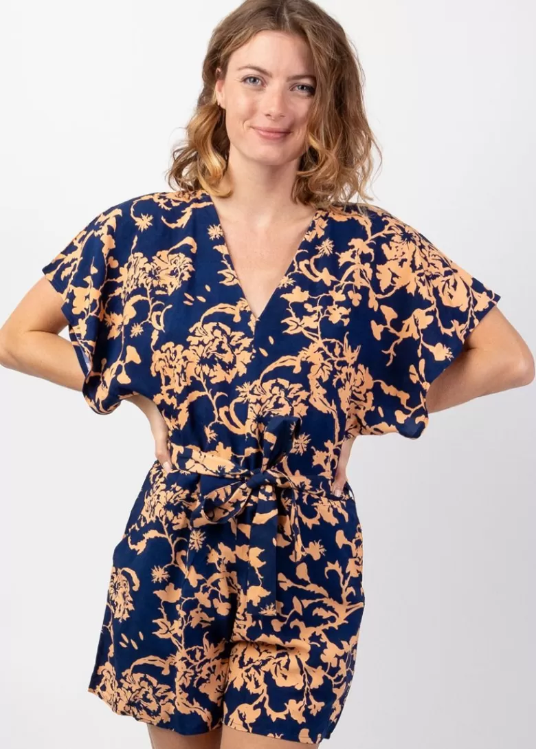 Combinaisons*Coton Du Monde Combishort femme plage fluide Abby bleu motif ethnique chic Palua Bleu