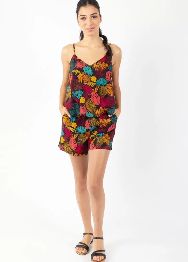 Combinaisons*Coton Du Monde Combi-short fines bretelles VANINA imprimé tropical orange Palme Orange