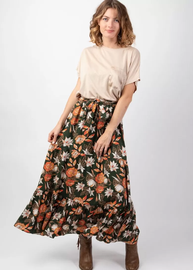 Jupes*Coton Du Monde Jupe longue bohème en viscose épais FANNY imprimé fleuri kaki Arty