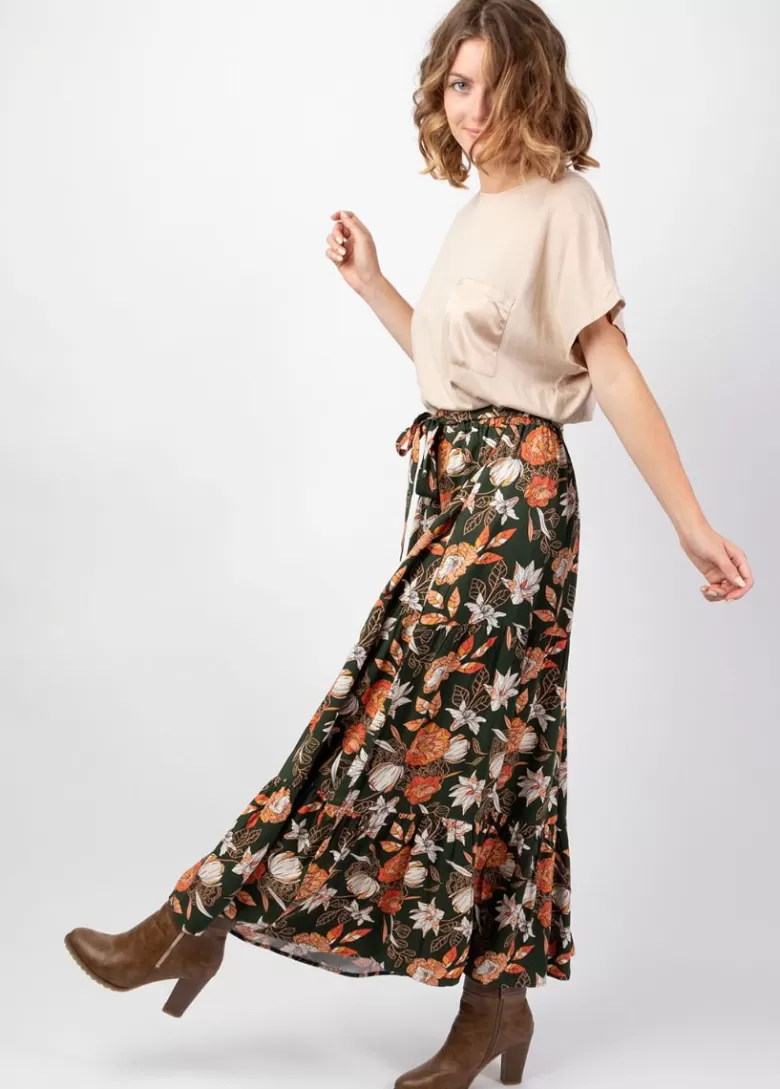 Jupes*Coton Du Monde Jupe longue bohème en viscose épais FANNY imprimé fleuri kaki Arty
