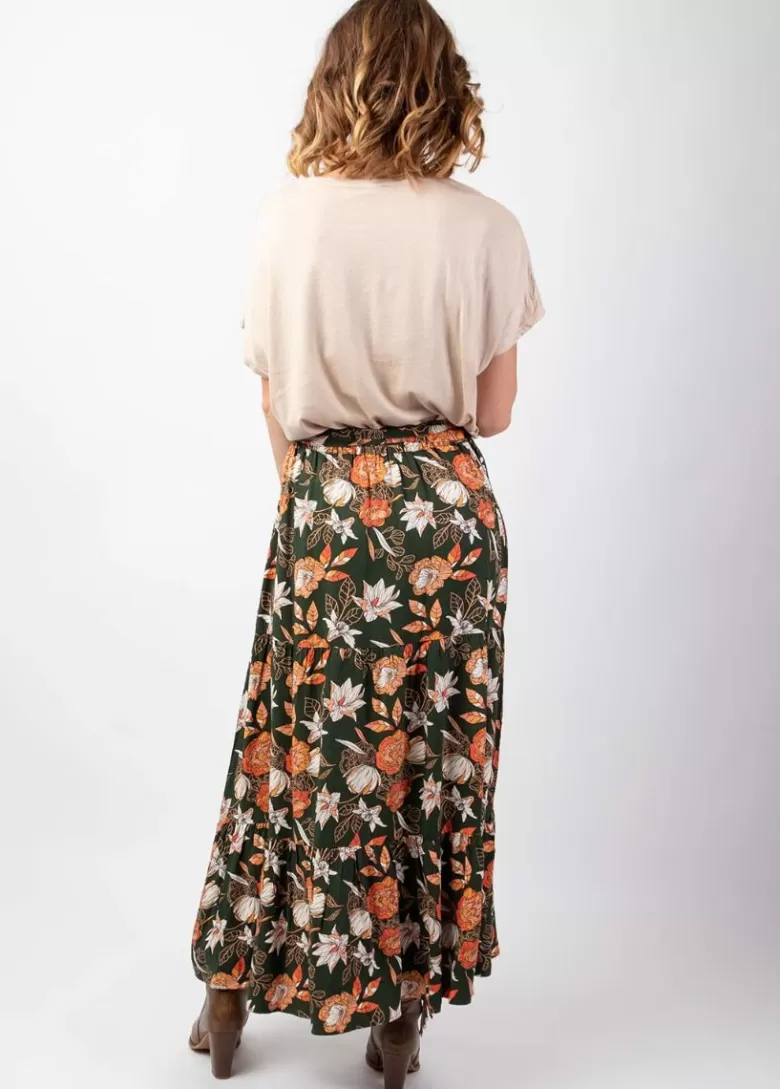 Jupes*Coton Du Monde Jupe longue bohème en viscose épais FANNY imprimé fleuri kaki Arty
