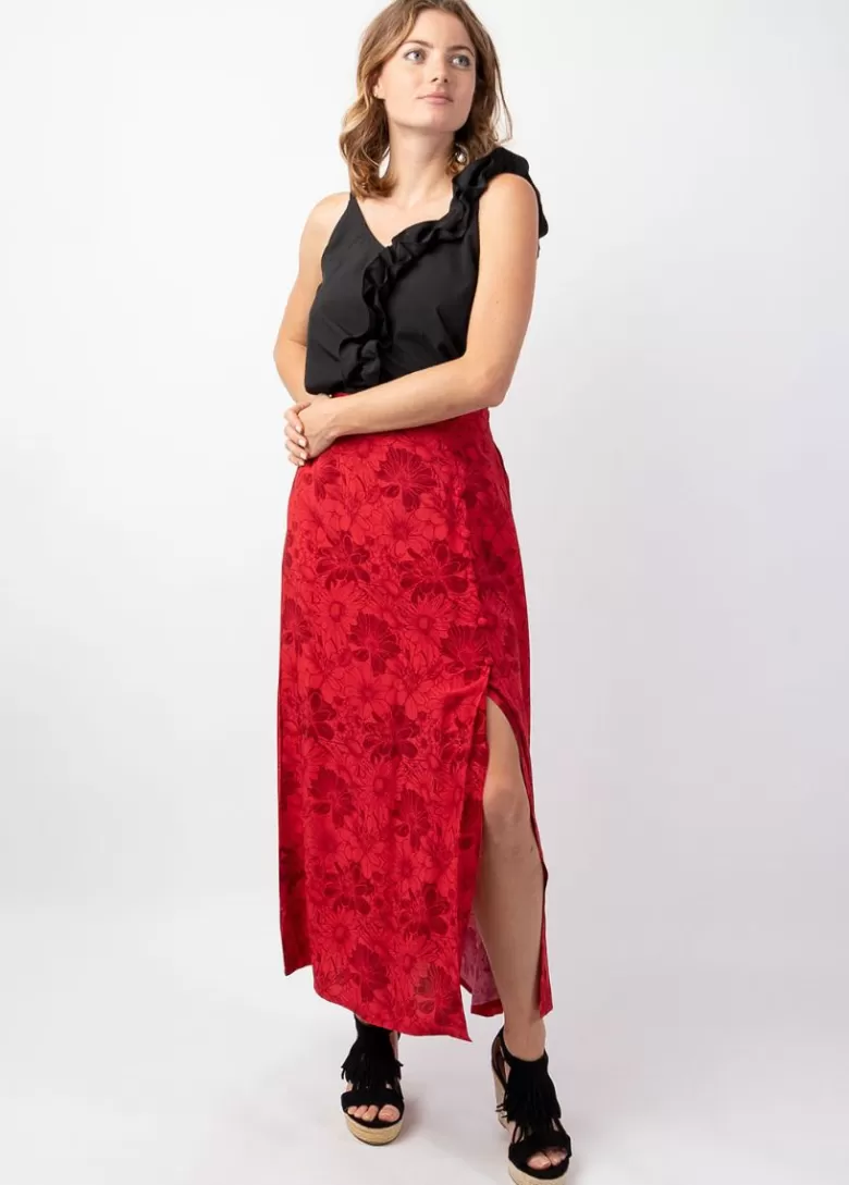 Jupes*Coton Du Monde Jupe longue femme été en viscose LIBERTY motif floral rouge Rumba