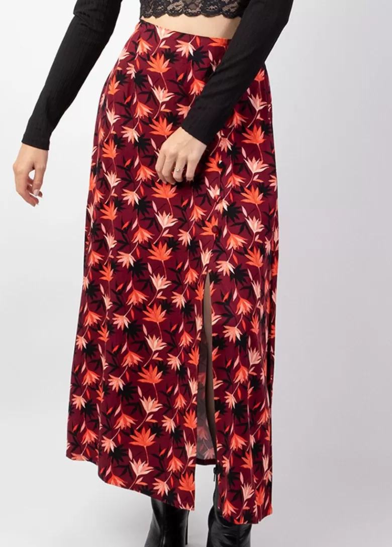 Jupes*Coton Du Monde Jupe longue fendue hiver en viscose épais LIBERTY motif fleuri bordeaux Colchique