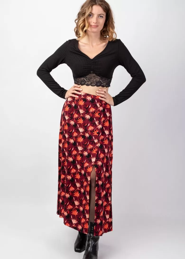 Jupes*Coton Du Monde Jupe longue fendue hiver en viscose épais LIBERTY motif fleuri bordeaux Colchique