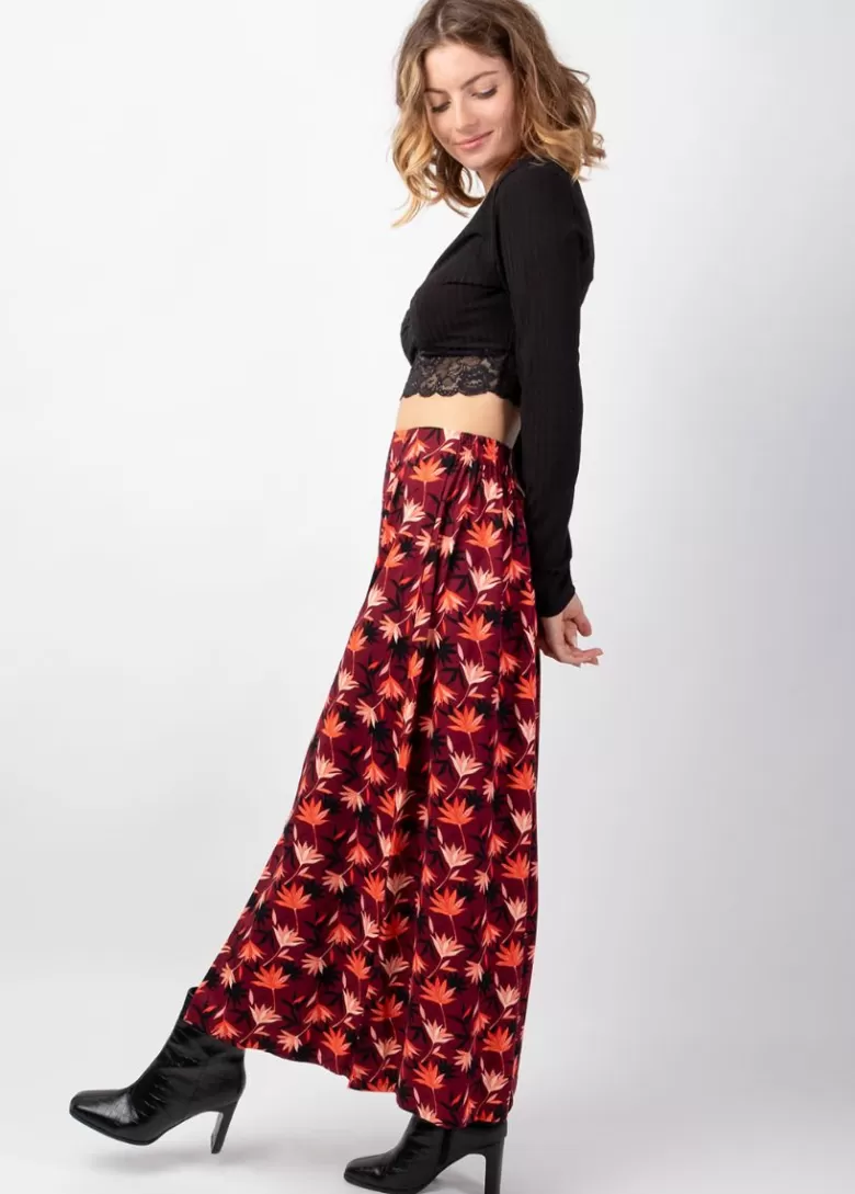 Jupes*Coton Du Monde Jupe longue fendue hiver en viscose épais LIBERTY motif fleuri bordeaux Colchique