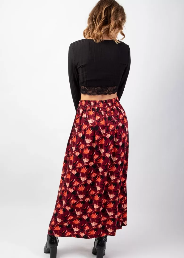 Jupes*Coton Du Monde Jupe longue fendue hiver en viscose épais LIBERTY motif fleuri bordeaux Colchique
