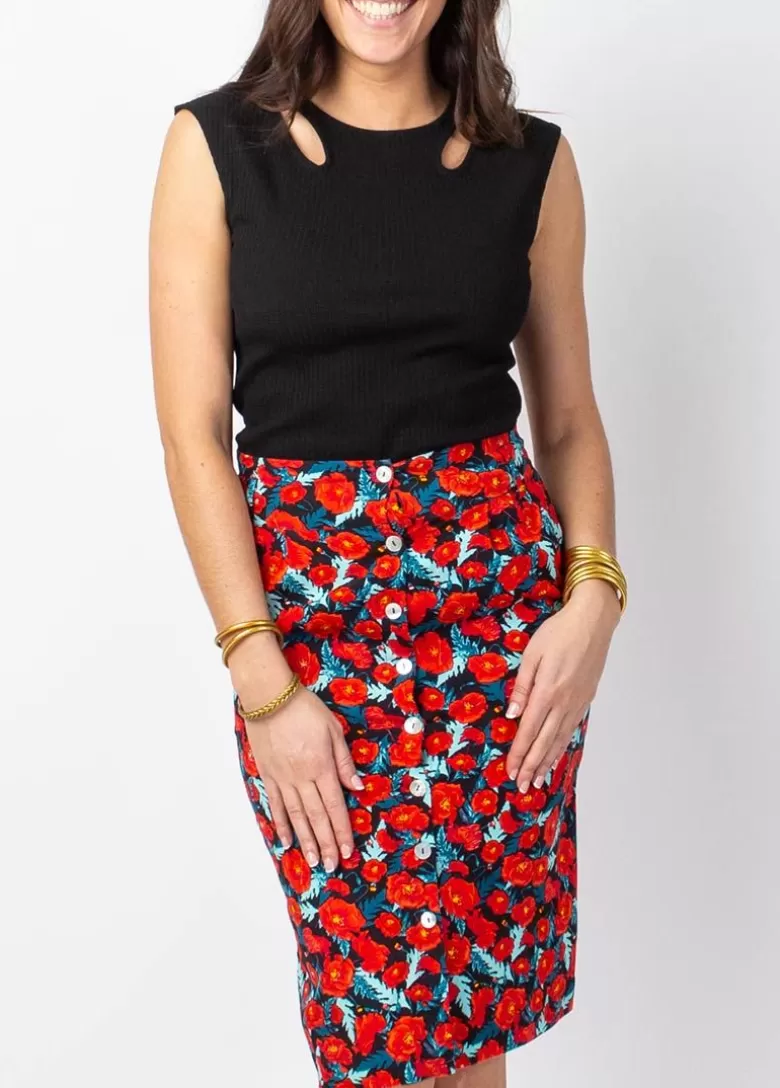 Jupes*Coton Du Monde Jupe midi fleurie TRACY rouge Poppies