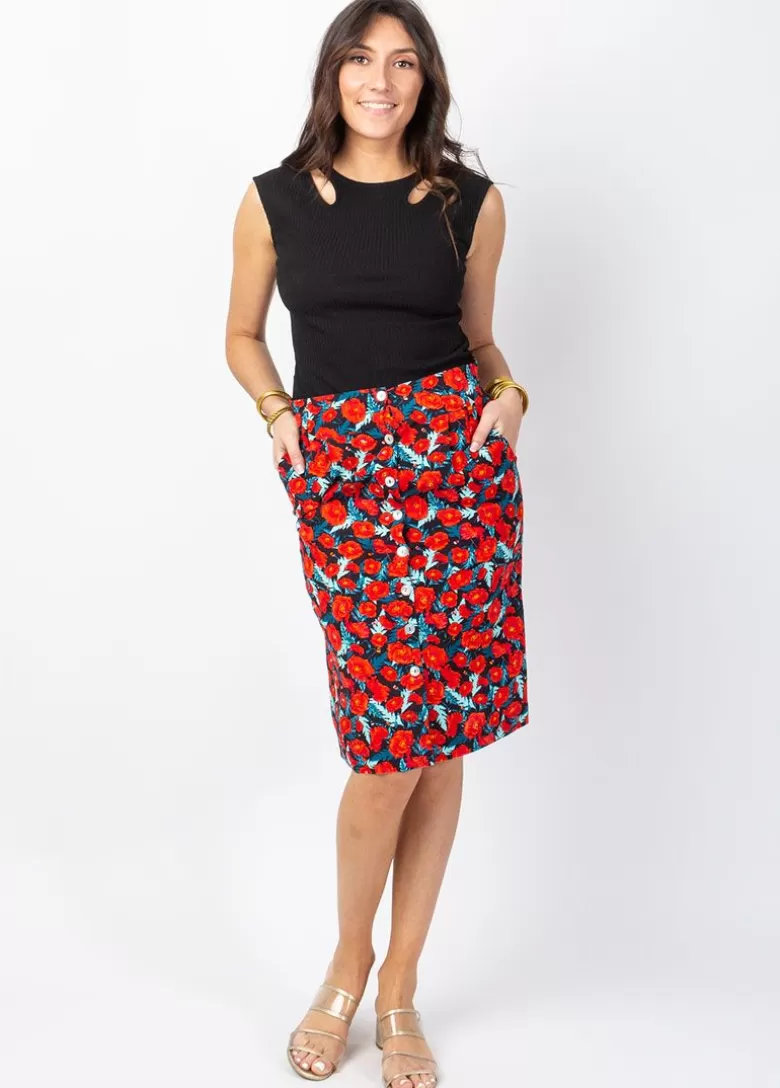 Jupes*Coton Du Monde Jupe midi fleurie TRACY rouge Poppies