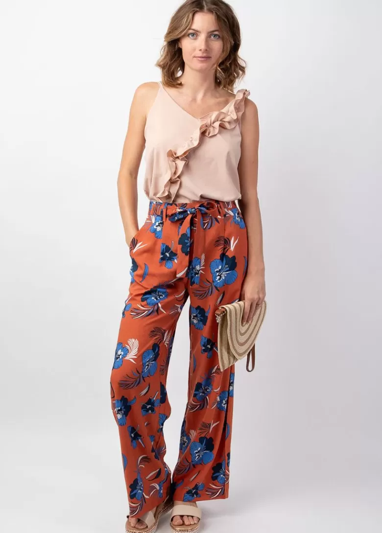 Pantalons Et Sarouels*Coton Du Monde Pantalon femme taille élastique MELODY motif fleurs bleu Hibiscus