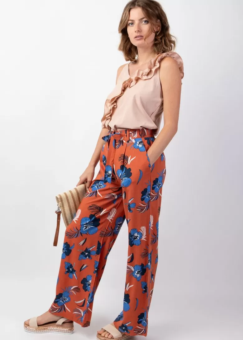 Pantalons Et Sarouels*Coton Du Monde Pantalon femme taille élastique MELODY motif fleurs bleu Hibiscus