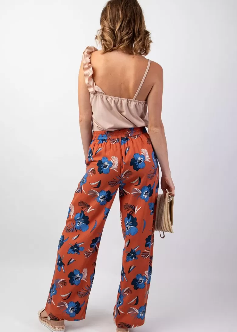 Pantalons Et Sarouels*Coton Du Monde Pantalon femme taille élastique MELODY motif fleurs bleu Hibiscus