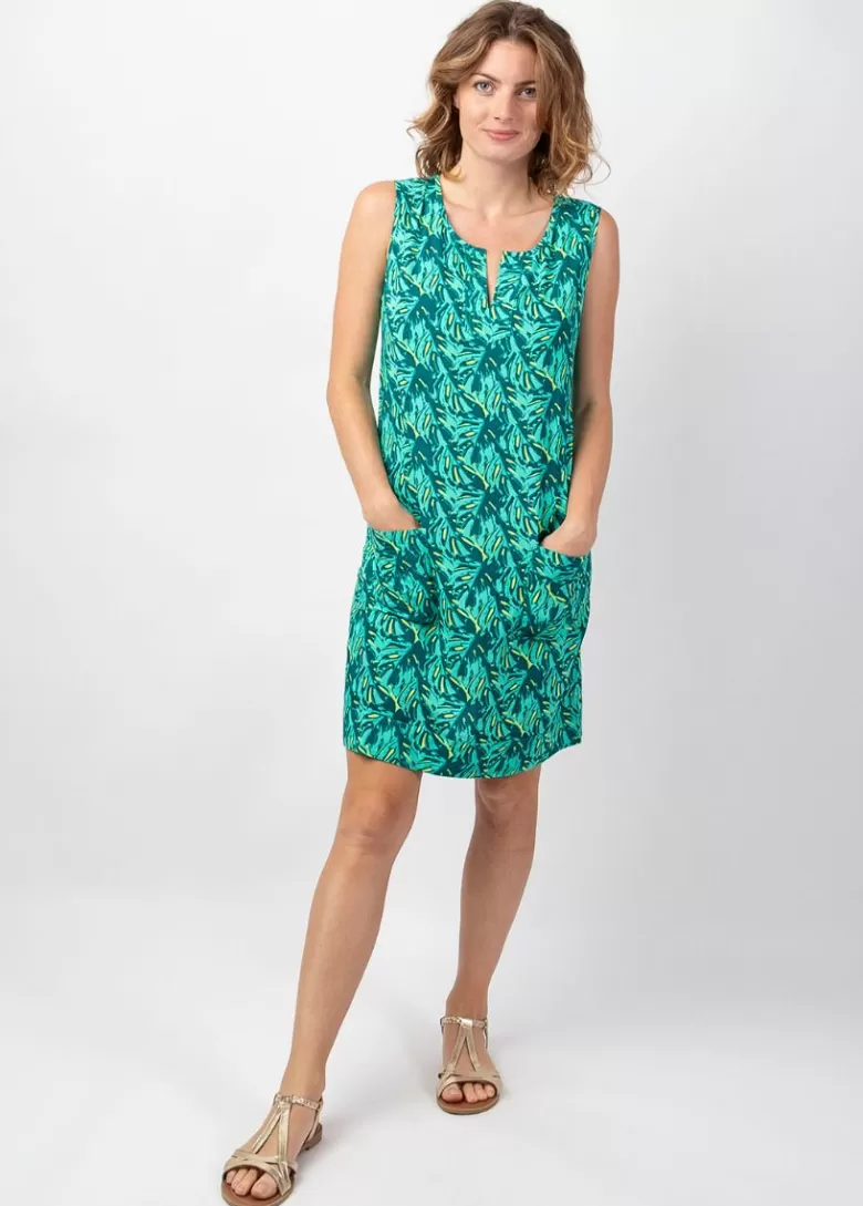 Robes*Coton Du Monde Robe MARLA sans manches imprimé tropical vert Gaia