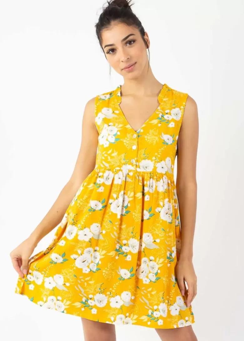Robes*Coton Du Monde Robe courte babydoll ALEXA imprimé fleuri jaune Bouquet Jaune