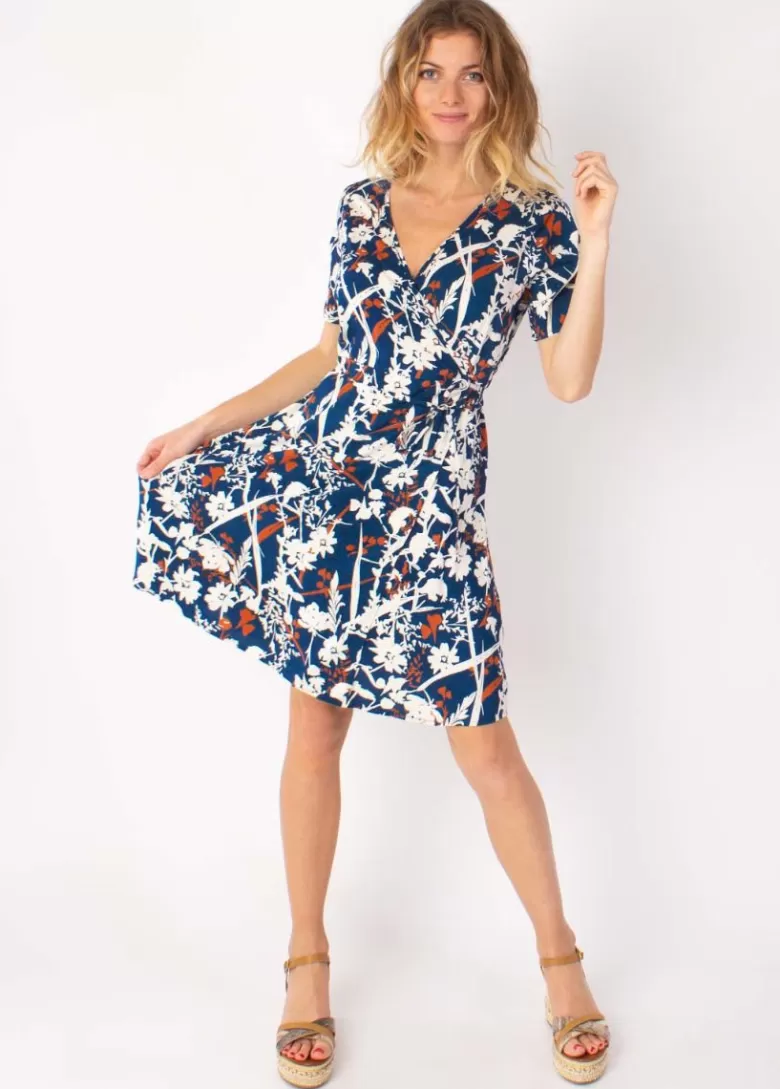 Robes*Coton Du Monde Robe courte cache cœur manches froncées LOUNA motif floral bleu 27 Marine