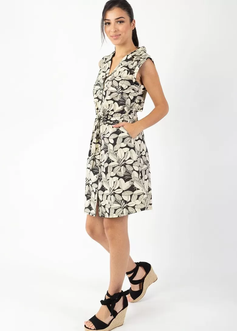 Robes*Coton Du Monde Robe courte ceinturée ASSIA col chemise imprimé et beige Jungle Noir