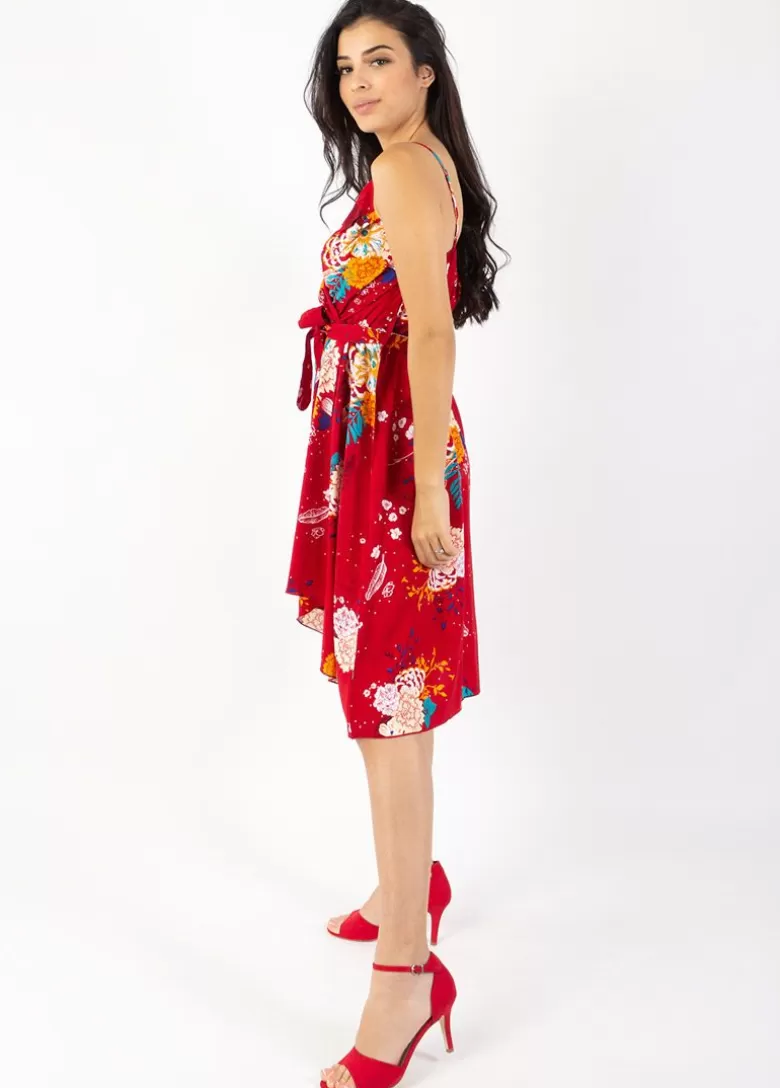 Robes*Coton Du Monde Robe courte chic fines bretelles cache cœur TESSA fleurie rouge Volupte