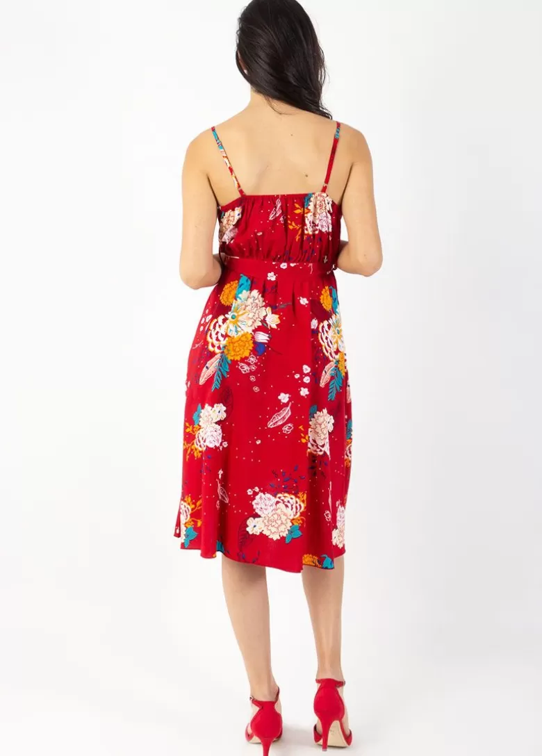 Robes*Coton Du Monde Robe courte chic fines bretelles cache cœur TESSA fleurie rouge Volupte