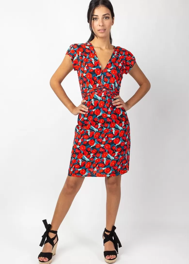 Robes*Coton Du Monde Robe courte cintrée TANIA imprimé fleuri rouge Poppies
