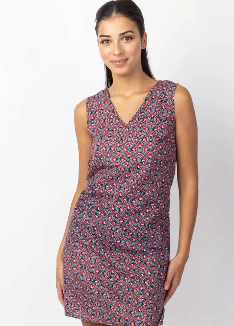 Robes*Coton Du Monde Robe courte DIANA coton sans manches col V imprimé ethnique rose Lotus