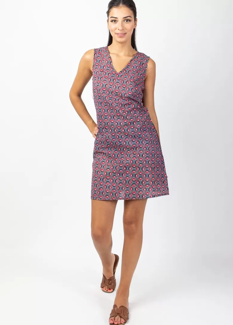 Robes*Coton Du Monde Robe courte DIANA coton sans manches col V imprimé ethnique rose Lotus