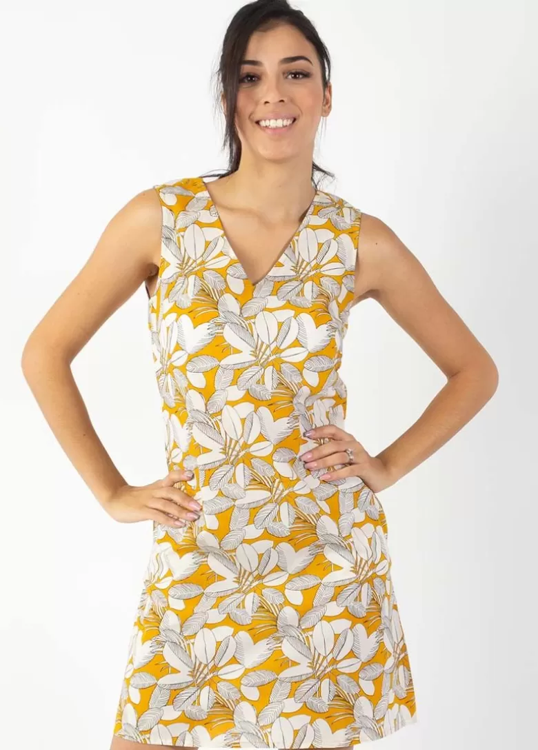 Robes*Coton Du Monde Robe courte DIANA coton sans manches col V jaune et blanche Jungle Jaune