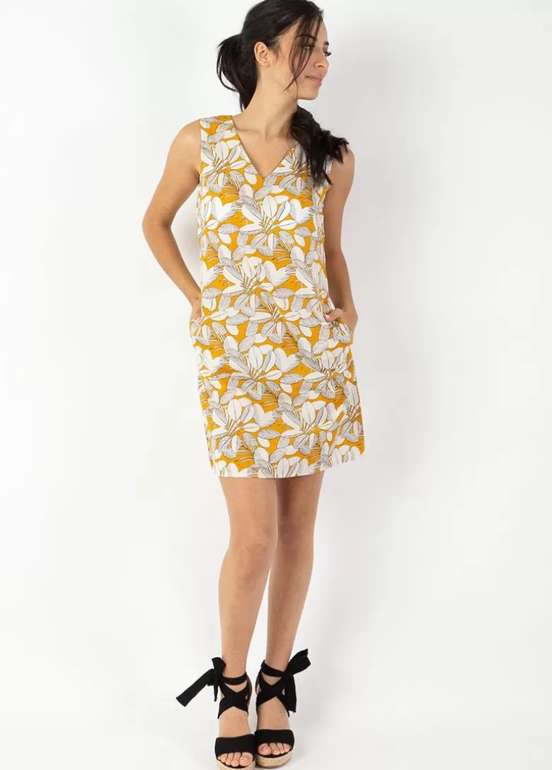 Robes*Coton Du Monde Robe courte DIANA coton sans manches col V jaune et blanche Jungle Jaune
