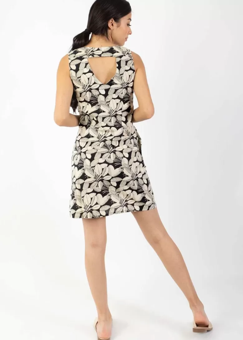 Robes*Coton Du Monde Robe courte DIANA coton sans manches col V noire et blanche Jungle Noir