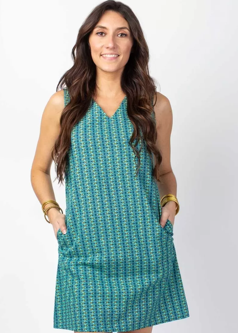 Robes*Coton Du Monde Robe courte DIANA sans manches col V imprimé ethnique bleu Alize Opal
