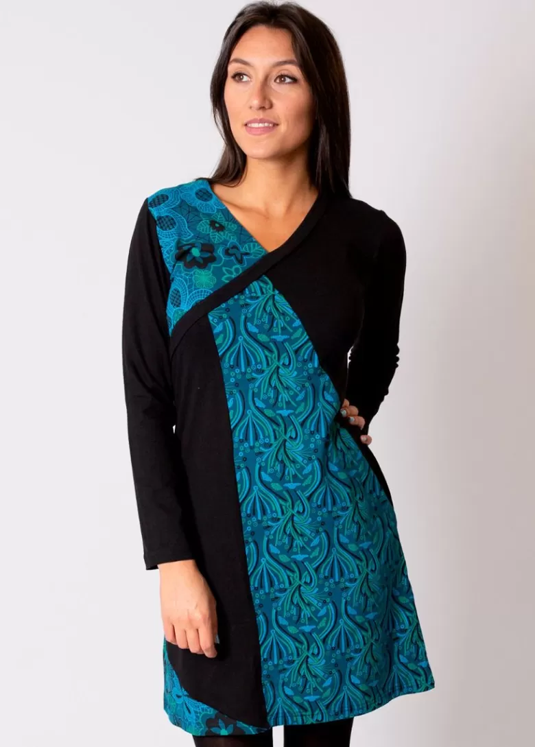 Robes*Coton Du Monde Robe courte en coton ABAYA imprimé graphique Bleu