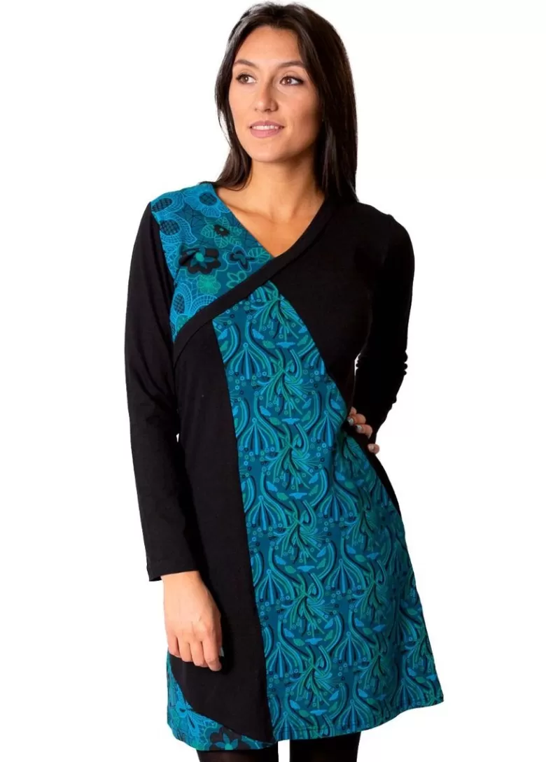 Robes*Coton Du Monde Robe courte en coton ABAYA imprimé graphique Bleu