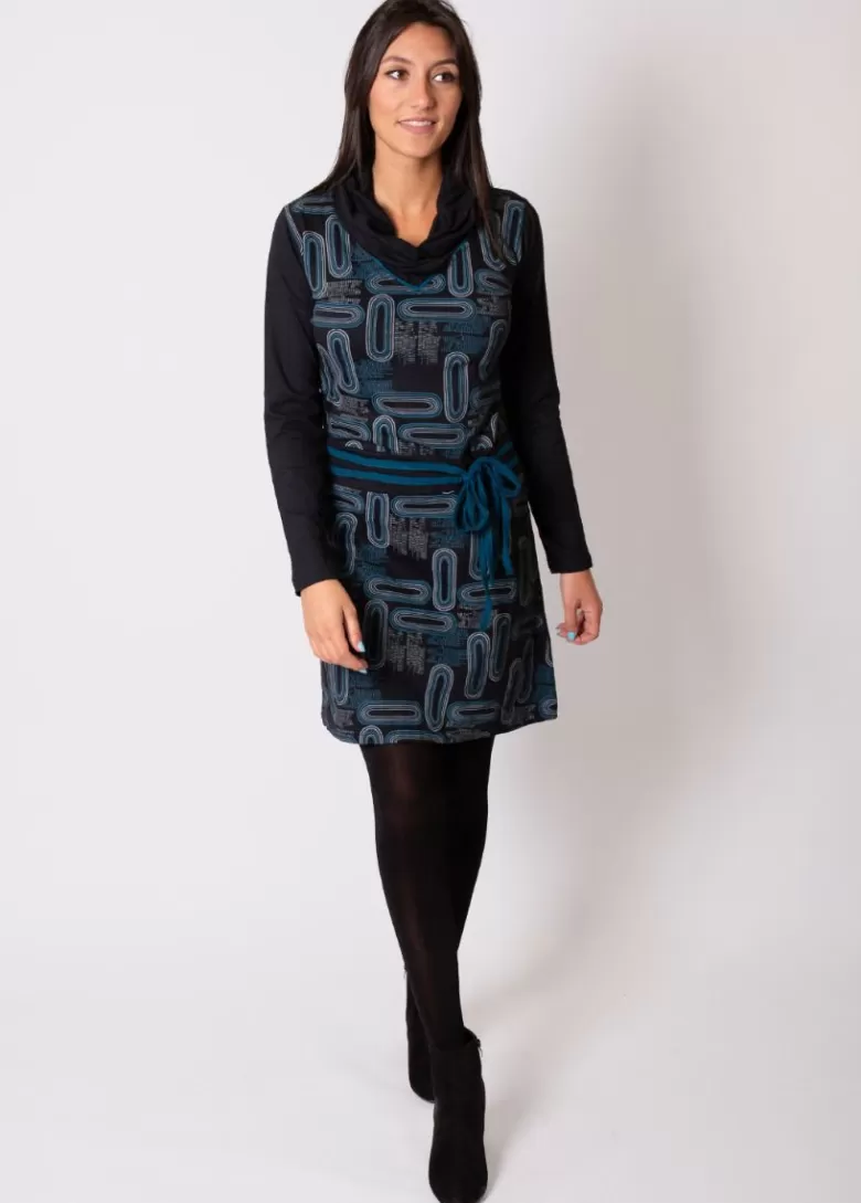 Robes*Coton Du Monde Robe courte en coton KAMBA imprimé graphique bleu