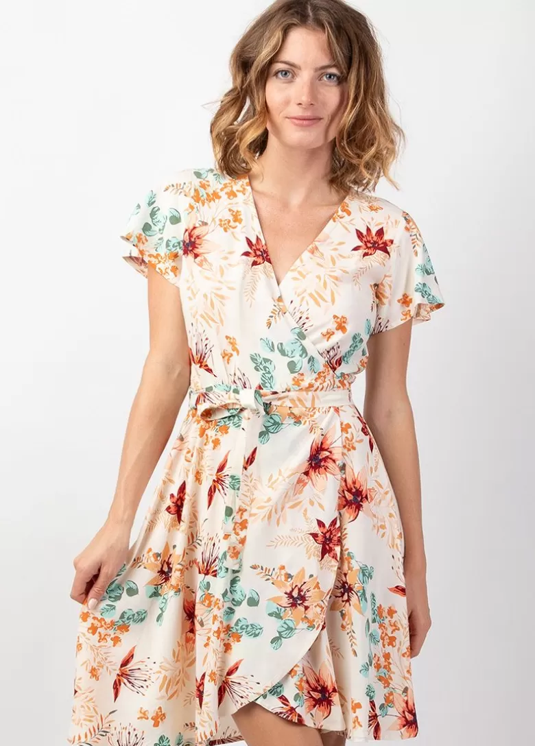 Robes*Coton Du Monde Robe courte fluide cache-cœur MARIKA  motif fleuri romantique Garden