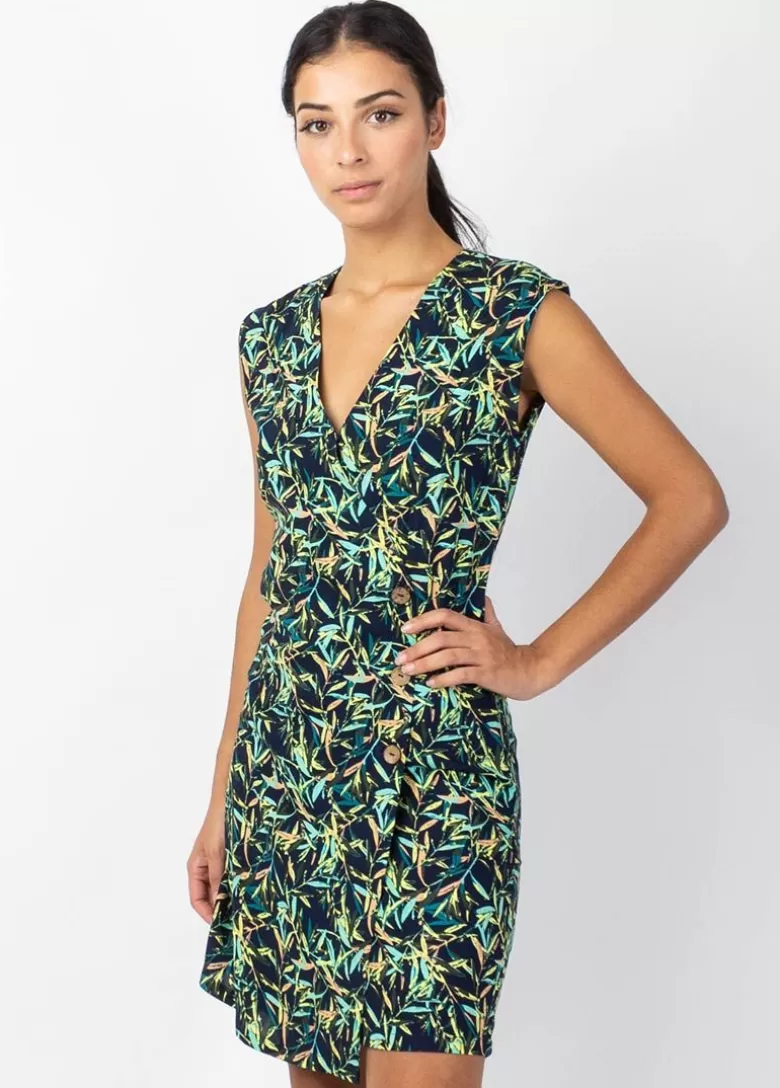 Robes*Coton Du Monde Robe courte LINDA en coton effet cache cœur imprimé feuillage Toscane