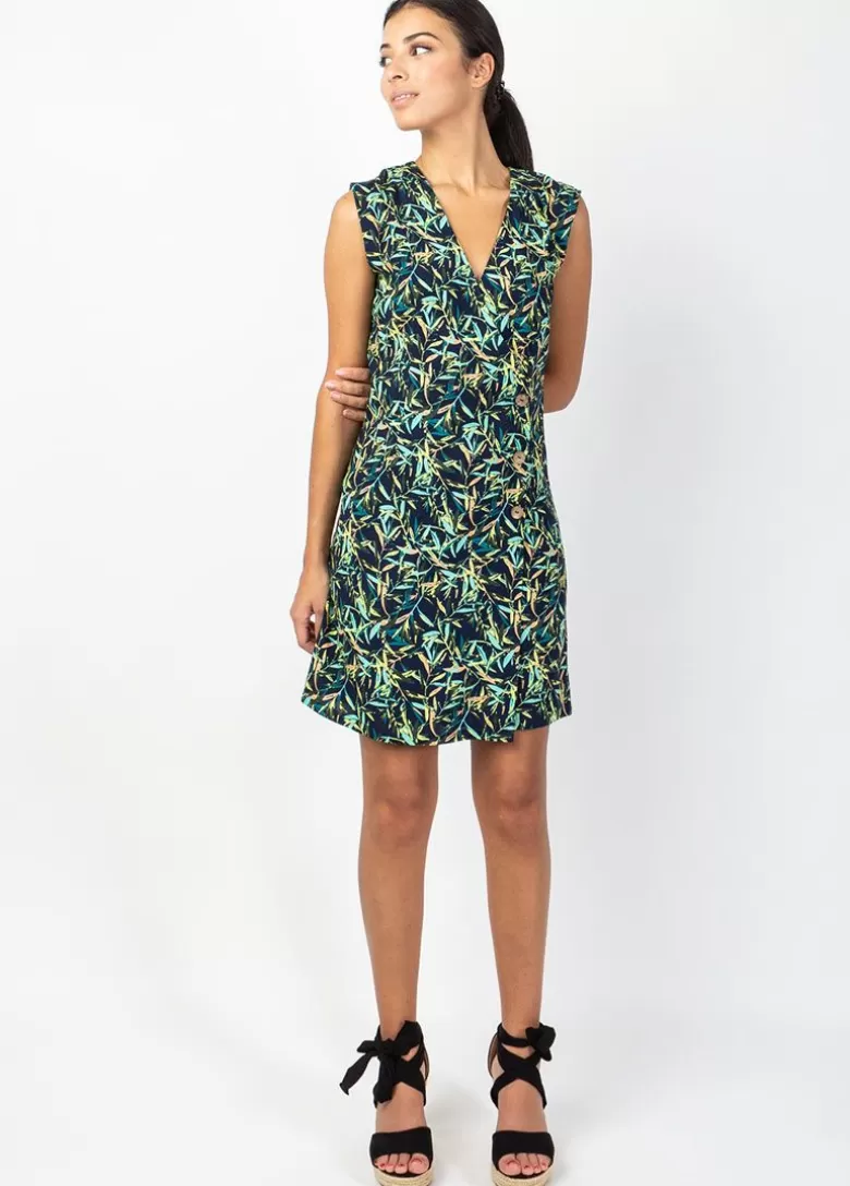 Robes*Coton Du Monde Robe courte LINDA en coton effet cache cœur imprimé feuillage Toscane