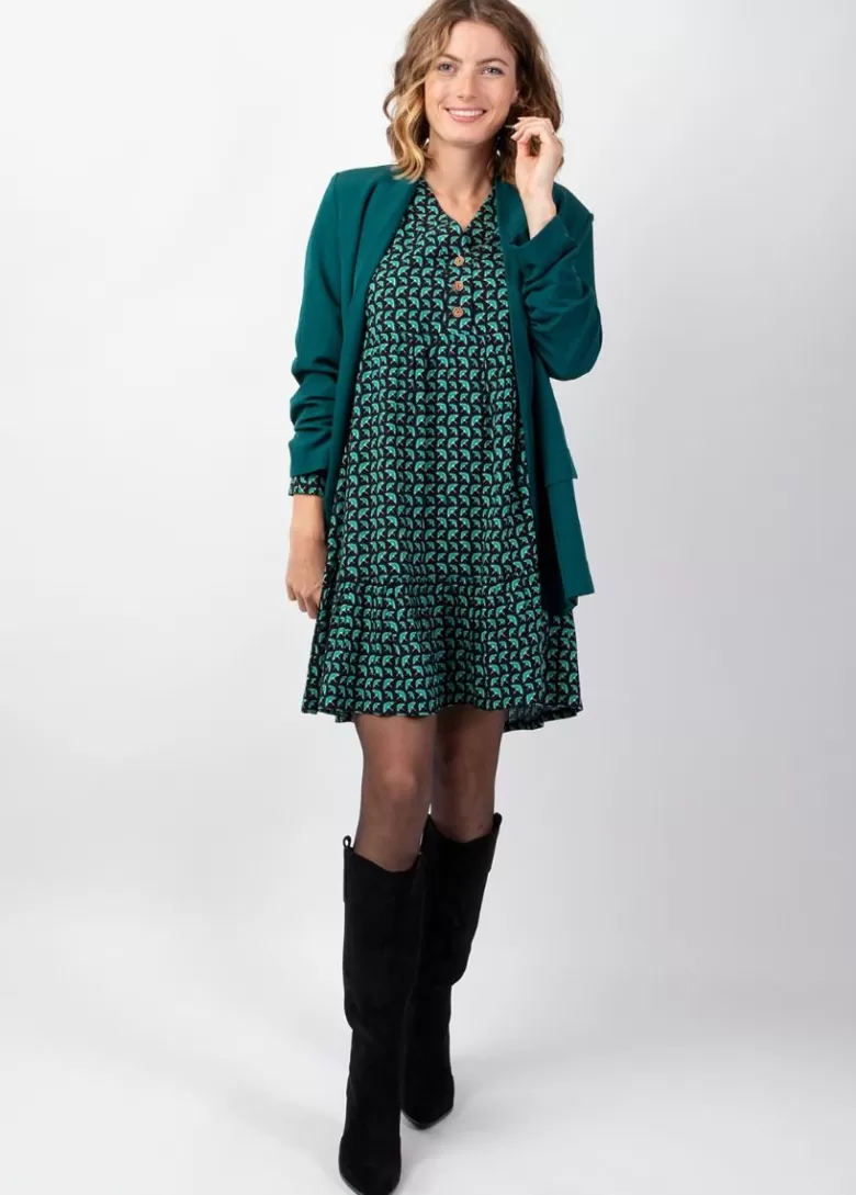 Robes*Coton Du Monde Robe courte manches longues en viscose épais FLORA motif ethnique bleu Envolee Bleu