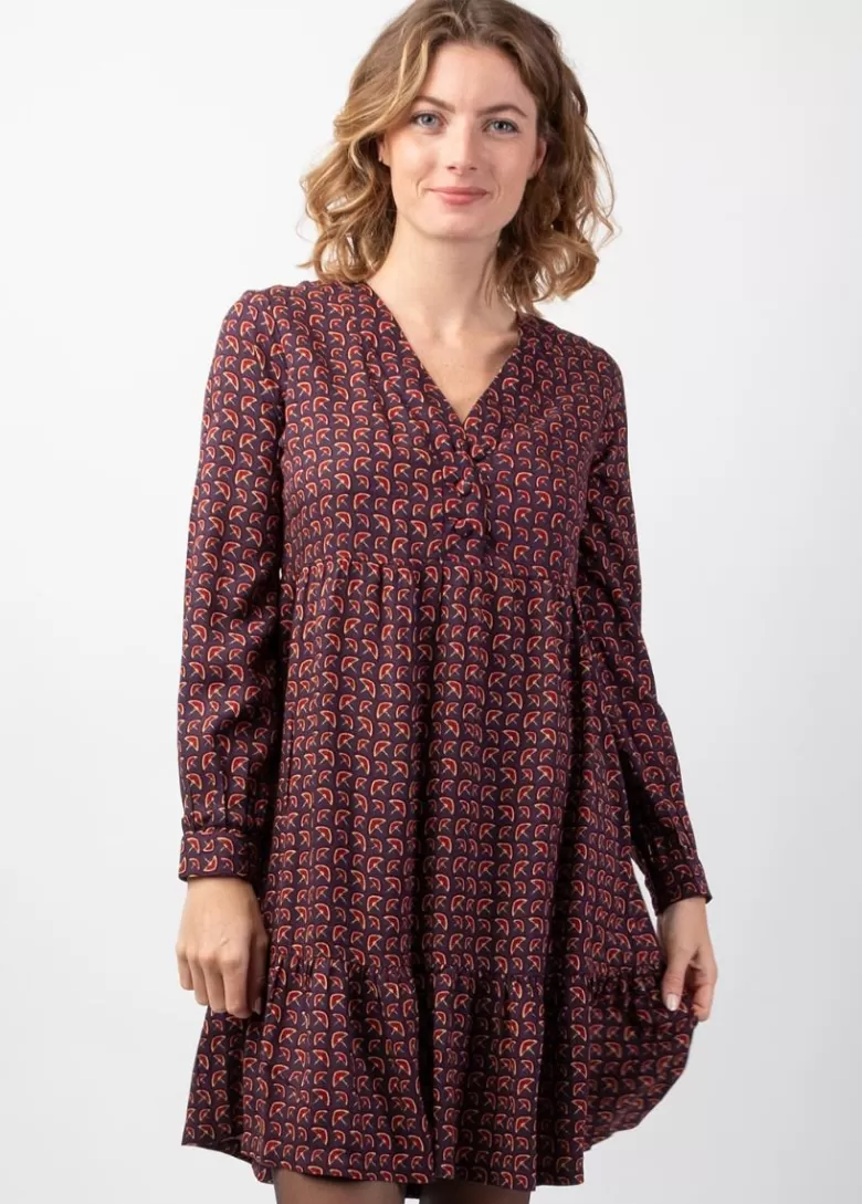Robes*Coton Du Monde Robe courte manches longues en viscose épais FLORA motif ethnique prune Envolee Prune