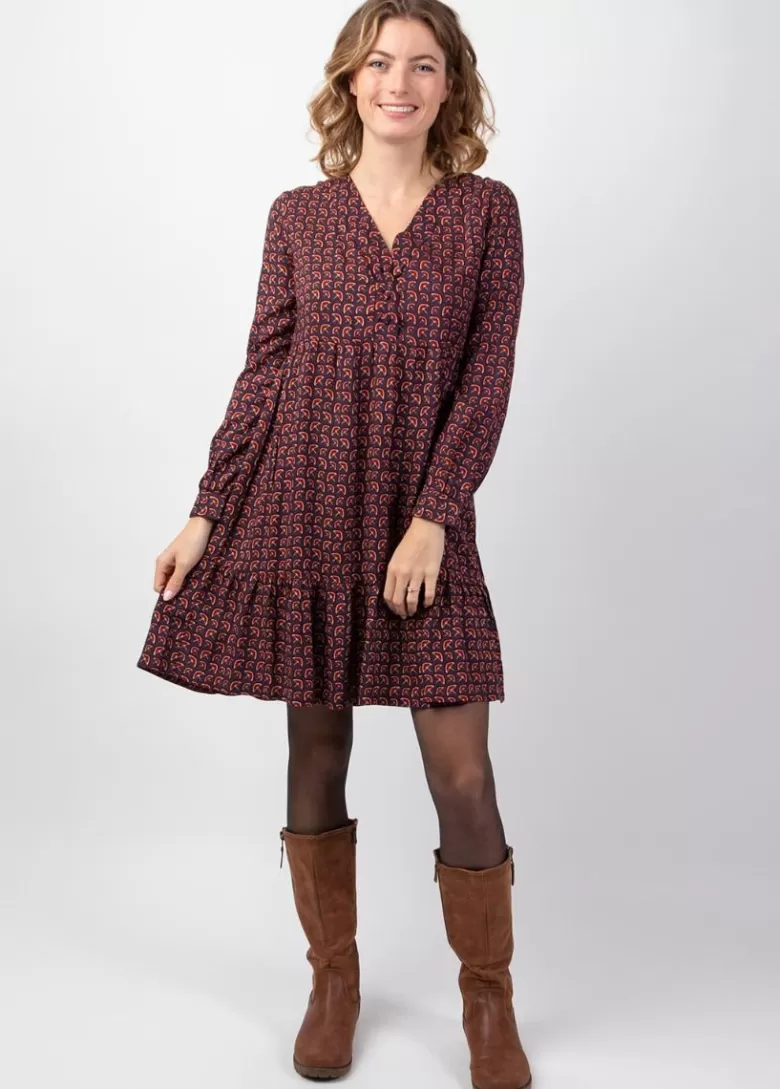 Robes*Coton Du Monde Robe courte manches longues en viscose épais FLORA motif ethnique prune Envolee Prune