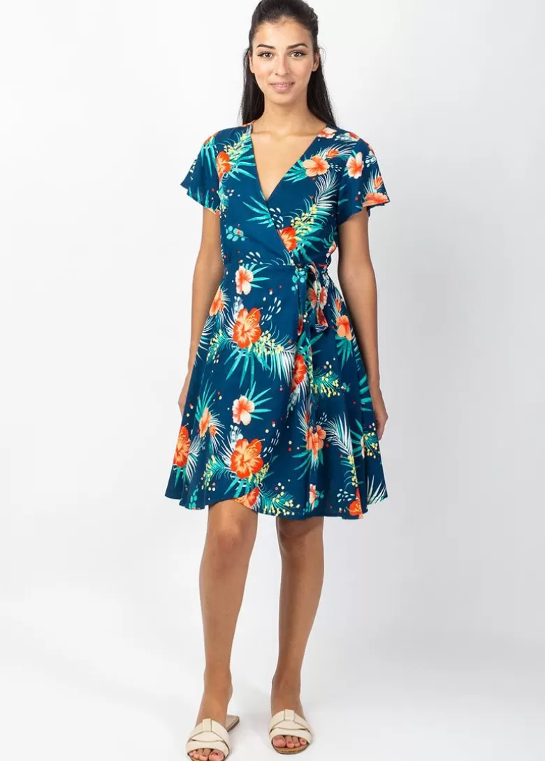 Robes*Coton Du Monde Robe courte MARIKA fluide cache-cœur imprimé fleurs tropicales Maui