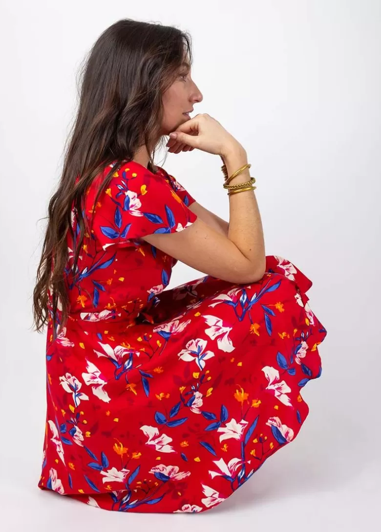 Robes*Coton Du Monde Robe courte MARIKA fluide cache-cœur imprimé rouge Pétale