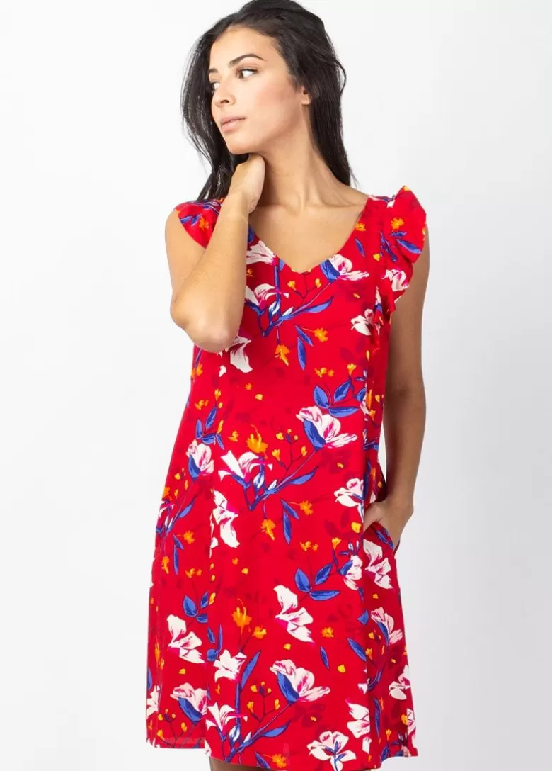 Robes*Coton Du Monde Robe courte sans manches volantées ZOLA rouge Pétale